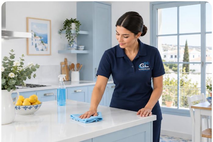 limpiadora en cocina azul